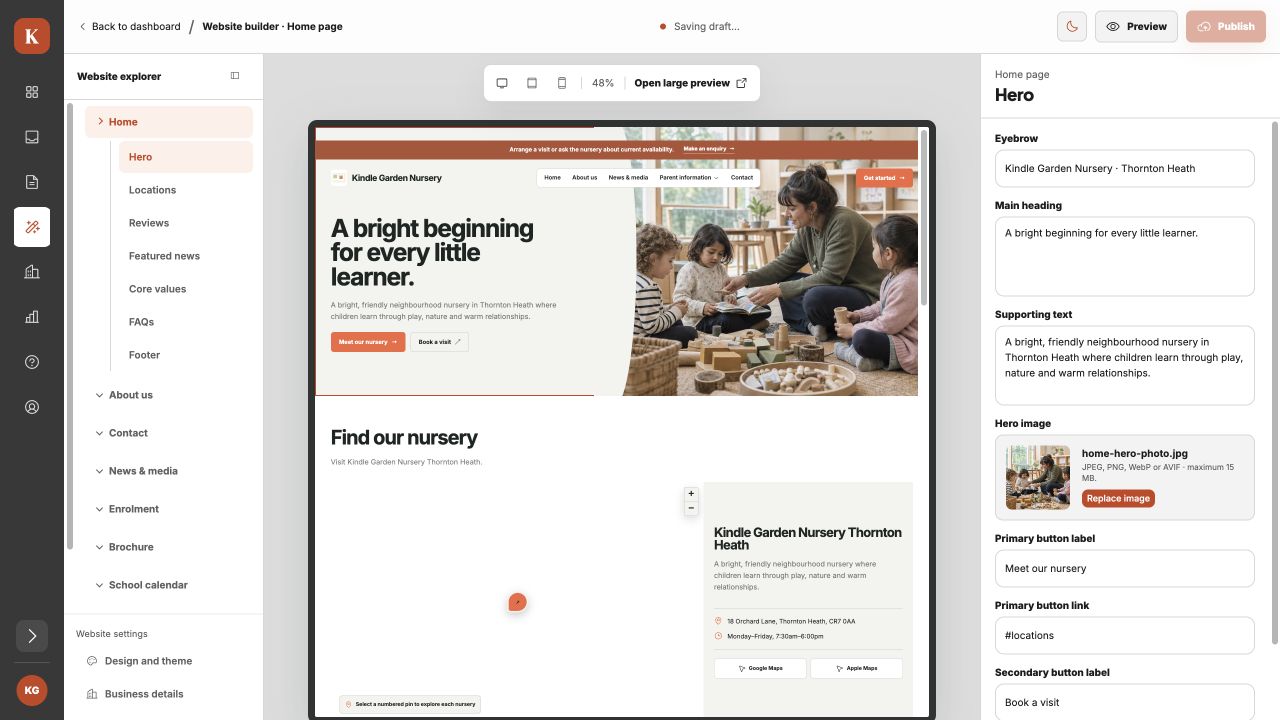 KindleCMS visual nursery website editor